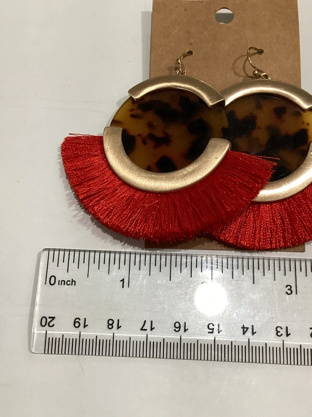 Red Tasseled Statement Earrings with Tortoiseshell Accent